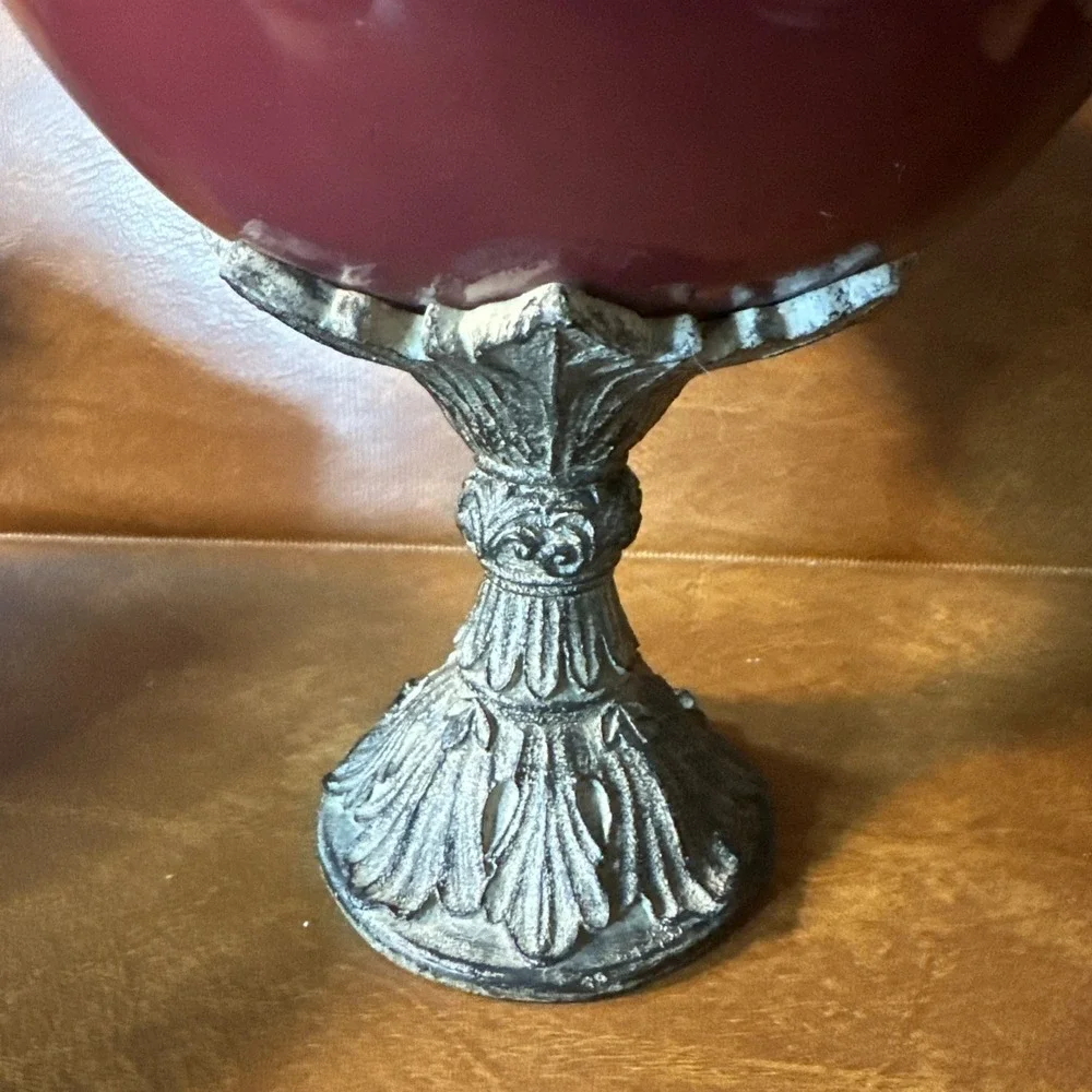 Drake Design Pedestal Bowl Compote Tuscan Scroll Fleur De Lis Oxblood Red